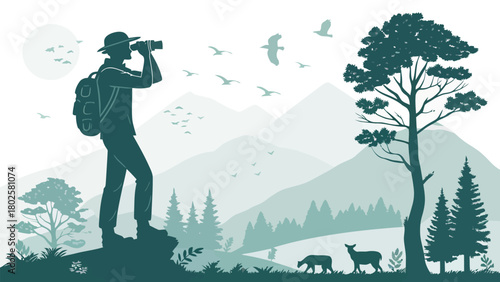 Explore the wilderness: Hiker with binoculars, majestic mountains, deer, and birds in flight. Perfect for travel, adventure, nature and outdoor themes