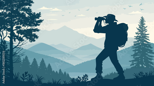 Adventurer gazing through binoculars in majestic mountain landscape, inspiring wanderlust and outdoor exploration in a dynamic vector graphic