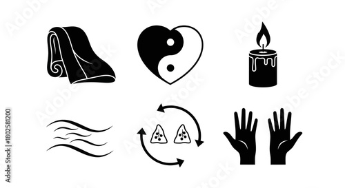 Holistic icons set: yin yang, candle, hand silhouettes, towel, elements, mindfulness symbols