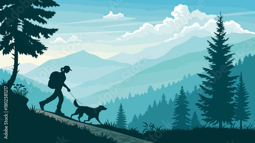 Woman hiking with her dog in a scenic mountain landscape, enjoying nature's beauty and a healthy outdoor lifestyle, perfect for adventure and travel themes