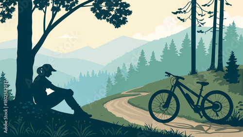 Serene mountain biker resting under tree after an exhilarating ride, enjoying the peaceful landscape with bike parked nearby on the scenic trail