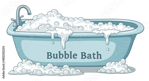 Relaxing bath tub overflowing with bubbles in blue tone design