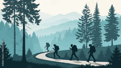 Discover Serene Mountain Trails With Friends Hiking Through Lush Forest, Perfect for Adventure Lifestyle Brands and Outdoor Recreation Campaigns