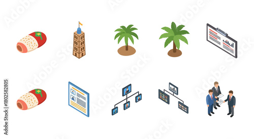 Isometric icons of palm trees, buildings, data charts, and people in business attire