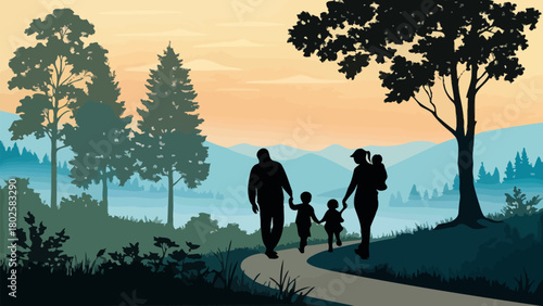 Family bonding together outdoors in nature walk at sunset, parents and children enjoying quality time, creating lasting memories, love and togetherness, journey