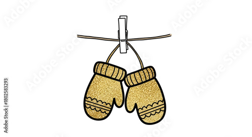 Golden glitter mittens hanging on clothesline with peg in minimalist style