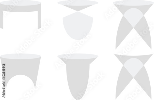 Geometric gallery shape podiums set. Blank stands in round, square and hexagon forms. Column 3d platforms for product presentation, awards-vector