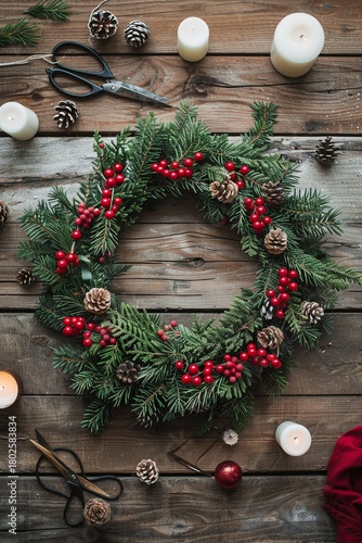 Handcrafted holiday wreath made of pine branches, red berries, and pinecones, surrounded by candles, scissors, and festive decor.