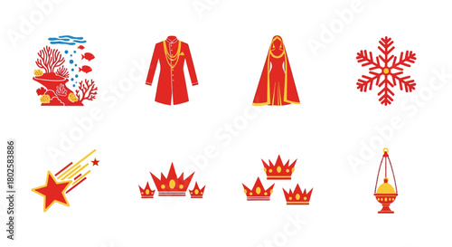 Red and yellow icons: marine life, clothing, seasonal elements, and royalty symbols