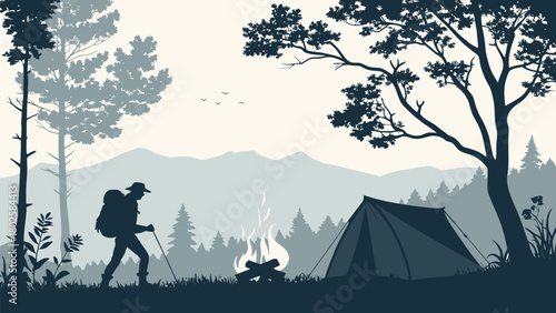 Inspiring backpacking adventure in nature with cozy tent and warm campfire, perfect for outdoor lifestyle and travel inspiration, a vector graphic