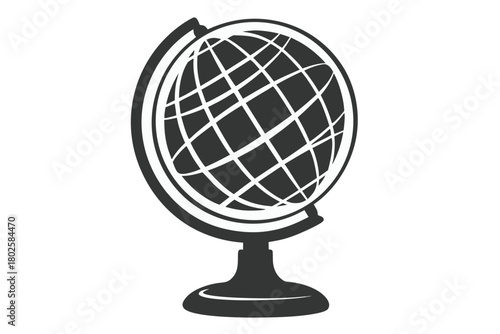 Simple black and white world globe on a stand showing lines of latitude