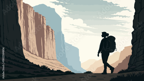 Stunning silhouette of a hiker exploring a monumental canyon landscape, perfect for travel, adventure, and outdoor lifestyle campaigns, originally a vector graphic
