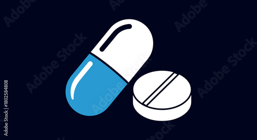 Colorful capsule and tablet on dark background: modern medicine concept