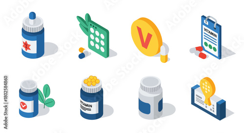 Isometric medicine icons set featuring bottles, pills, and capsules for healthcare concepts