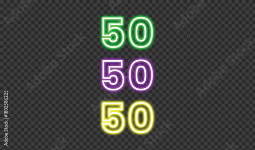 Three stacks of the number 50 in neon lights against a dark background