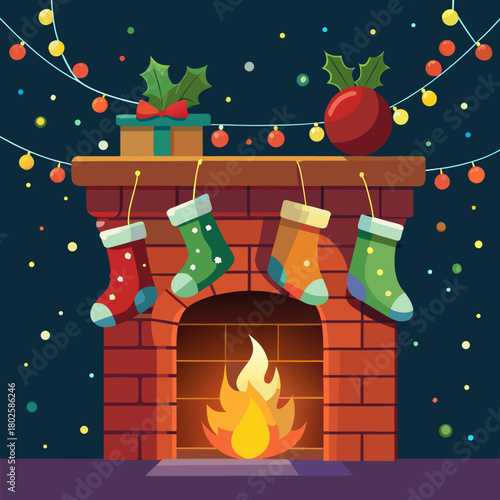 Christmas stockings hung on a festive brick fireplace
