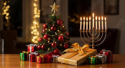 Photo of a festive scene combining a decorated christmas tree with ornaments and gifts, alongside a lit hanukkah menorah, symbolizing the convergence of holiday celebrations