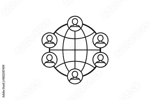 Six outlined figures surround a simple earth globe, conveying global network connection