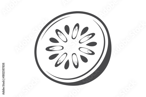 Sliced kiwi fruit displays its vibrant, black hued outline on a white background