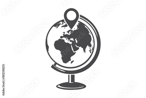 Standing globe marked with a location pin on a white backdrop is showcased