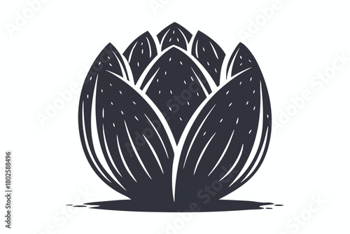 Striking stylized lotus bud shows elegant line work against a clean, bright white background