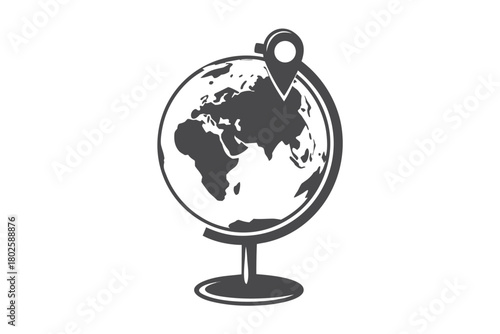 Standing grayscale globe is marked with a location pin for destination selection easily