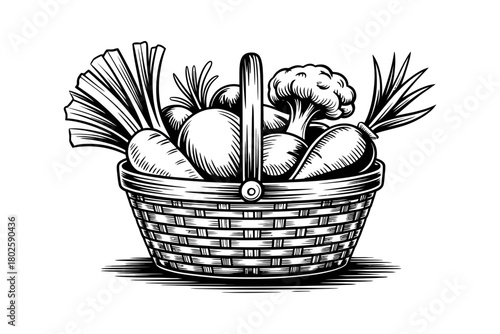 Illustration of basket with vegetables carrots broccoli onions healthy food art