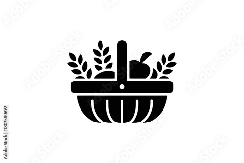 Vector illustration of a harvest basket icon with wheat and fruit for design use