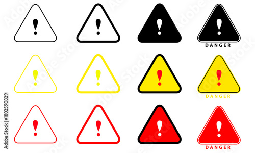 Danger triangle vector icon set on isolated transparent background, caution, warning icon, exclamation, error, attention