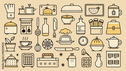 Collection of minimalist line icons representing cooking tools, ingredients, and kitchen appliances for culinary design..eps