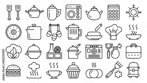A set of cooking line icons, including utensils, ingredients, and appliances, illustrating various culinary activities..eps