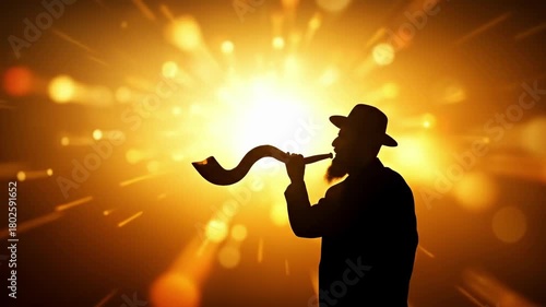 Man blowing shofar during Jewish holidays. Silhouette of a Jew with traditional instrument against golden light and bokeh for Rosh Hashanah.