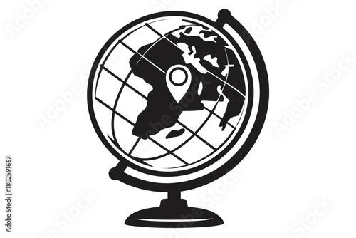 Stylized monochrome globe shows continents with location marker, emphasizing geography and travel