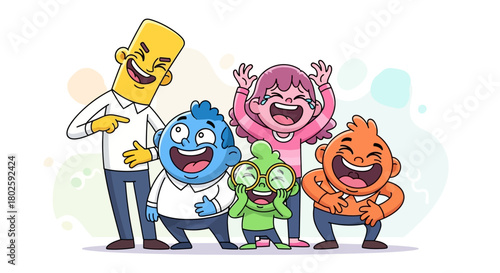 A group of cute, friendly cartoon characters in bright colors laughing and enjoying a funny moment together
