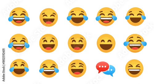Set of laughing emoji-style characters with exaggerated happy expressions