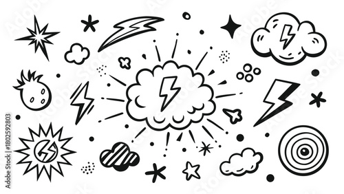 A black and white drawing featuring an assortment of geometric shapes arranged in a creative composition..eps