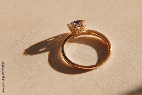 Golden engagement ring with sparkling diamond creating shadow
