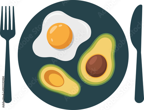 Healthy breakfast avocado and egg on plate with fork and knife illustration