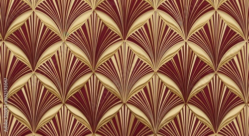 Ornate geometric pattern featuring repeating fan motifs in deep red and gold tones