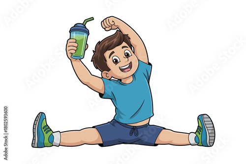 Illustration of boy stretching with green smoothie health and wellness lifestyle