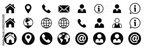 communication and contact vector icons pack showing email, address, phone, message, website, and location symbols, designed in clean flat line and solid styles for modern branding, interfaces, and bus