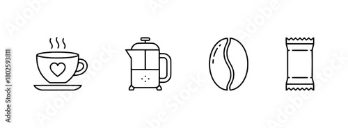 Elegant line art coffee icon set featuring a heart-decorated mug, a traditional French press, a single roasted coffee bean, and a convenient beverage sachet for modern designs