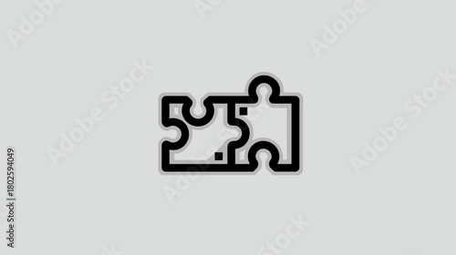 Two connected puzzle pieces outline icon on a light background, symbolizing solution, teamwork, strategy, and integration