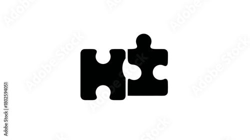 Interlocking puzzle pieces icon. Black symbol representing connection, solution, teamwork, integration, partnership, and strategy.