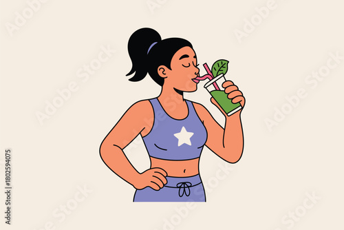 Woman drinking green smoothie healthy lifestyle fitness wellness detox illustration