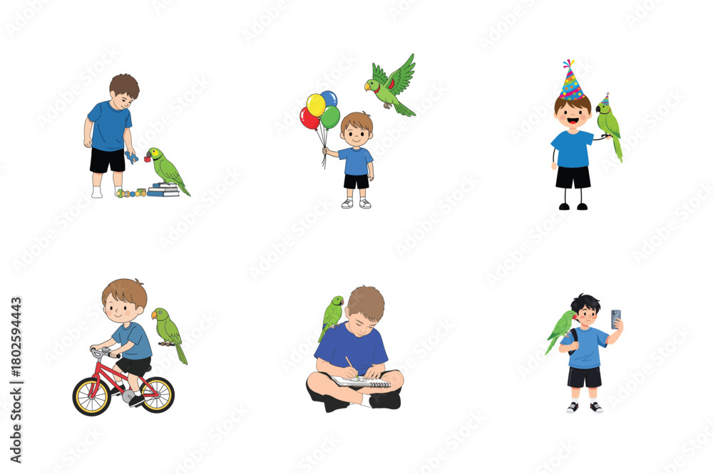 Fototapeta premium Children interacting with parrots in various fun activities