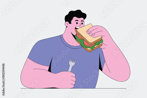Illustration of man eating sandwich with lettuce and tomato for lunch break time