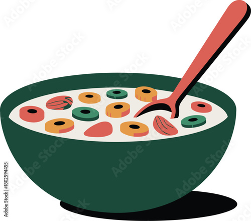 Bowl of cereal with milk almonds and spoon breakfast food illustration art