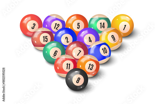 Colorful billiard balls in triangle formation on white background
