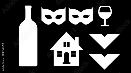 White silhouette icons collection featuring a wine bottle, masquerade masks, house, wine glass, and pointers on a black background.